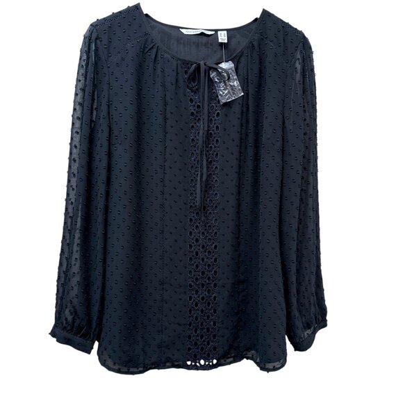 Isaac Mizrahi Live Black Blouse Size 14 Swiss Dot Chiffon Peasant Top NEW - Picture 1 of 11